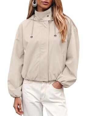 Women Gray Polyester Stand Collar Hooded Long Sleeve Elastic Cuff Bomber Jacket